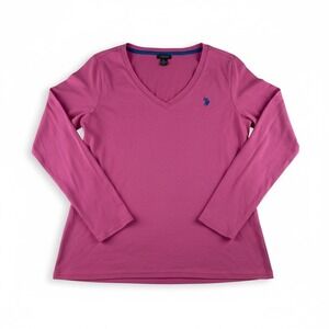 US Polo Assn Womens V Neck Long Sleeve Shirt Pink Size XL Blue Embroidered Logo